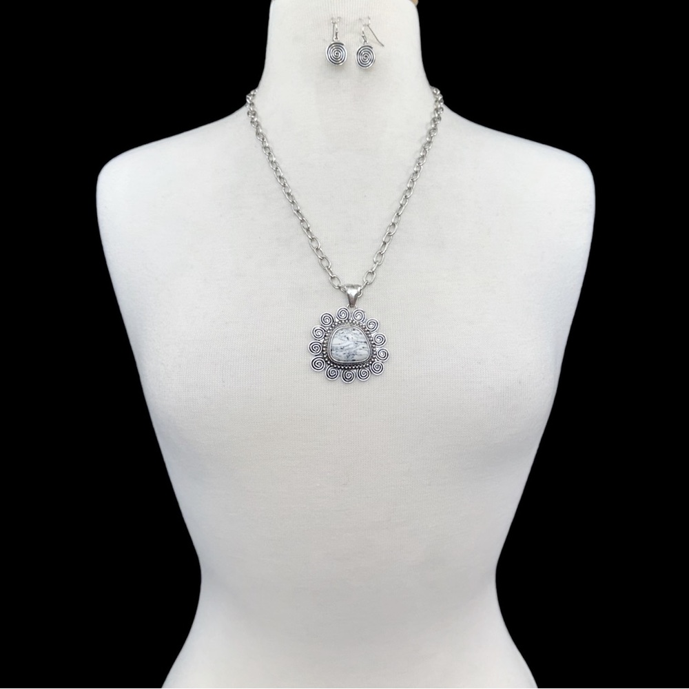 White Stone Swirl Pendant Necklace Earrings Set - Picture 2 of 3